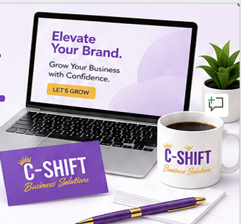 C-SHIFT branded laptop, business card, and mug